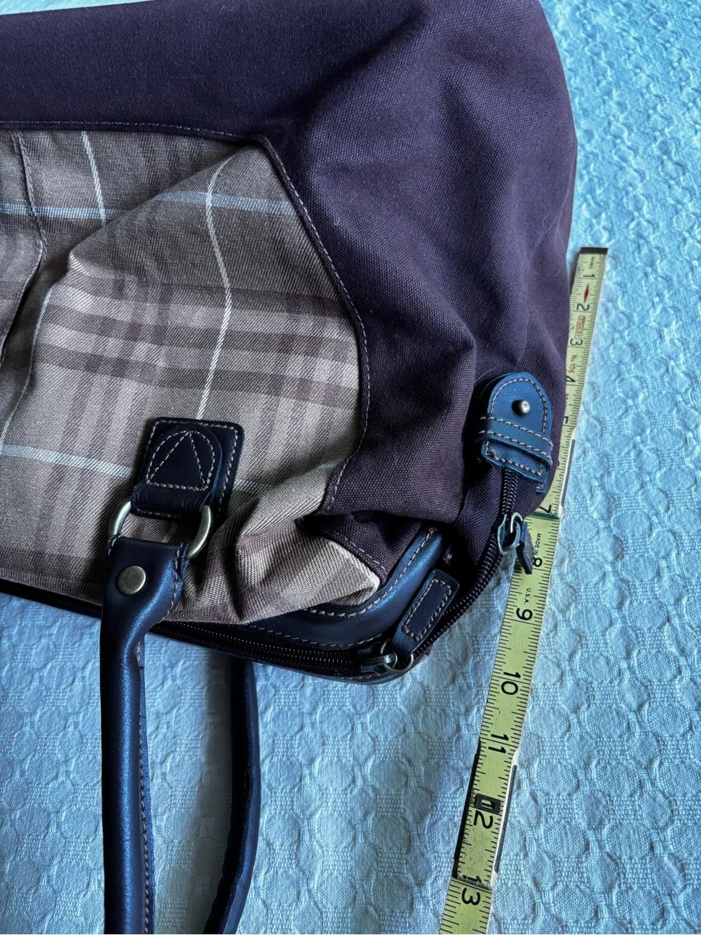 Eddie Bauer Brown Plaid Canvas Duffel Bag with Dark Trim